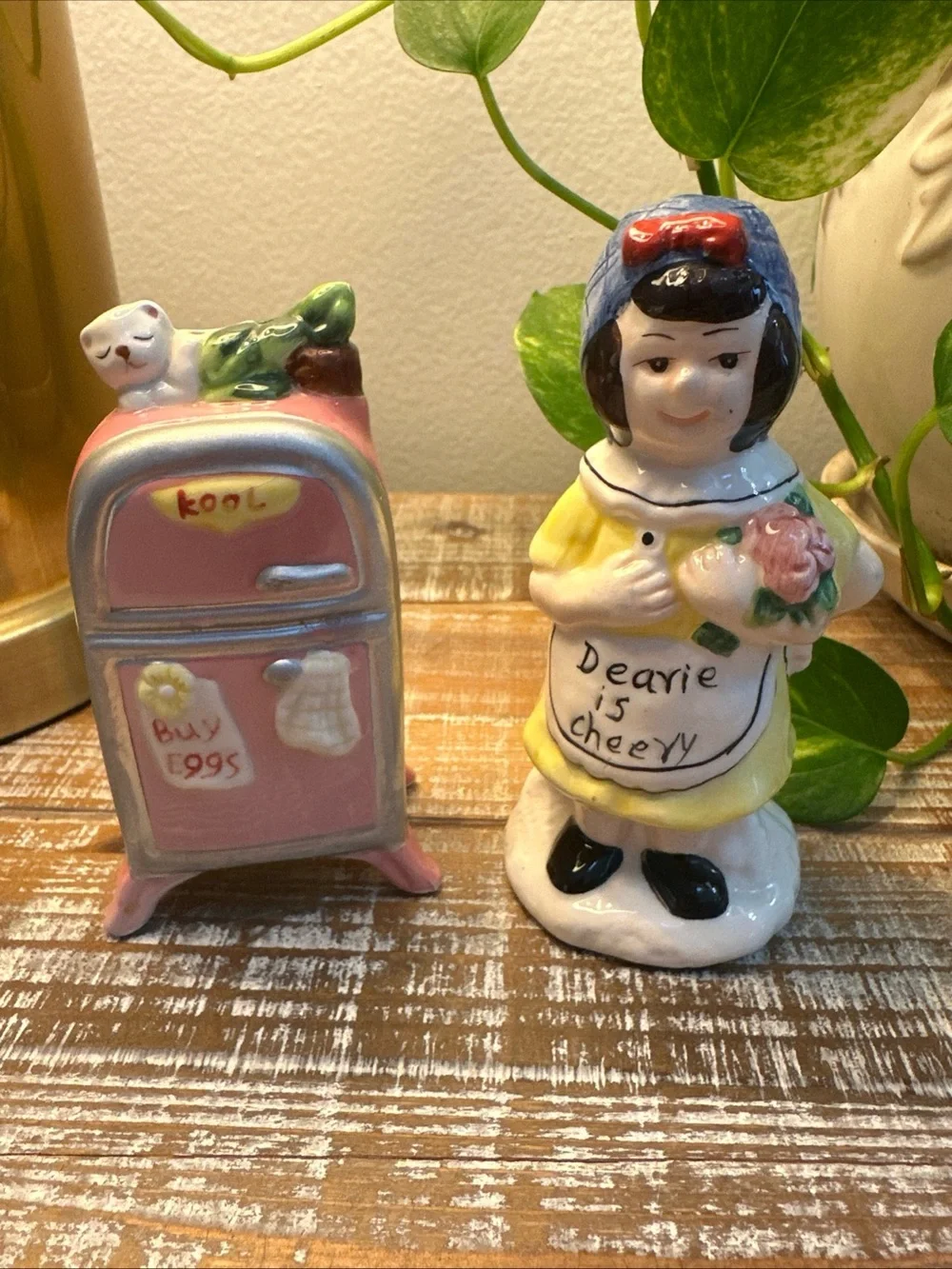 Vintage Dearie Cheery Weary Lady with Refrigerator Salt Pepper Shaker Set